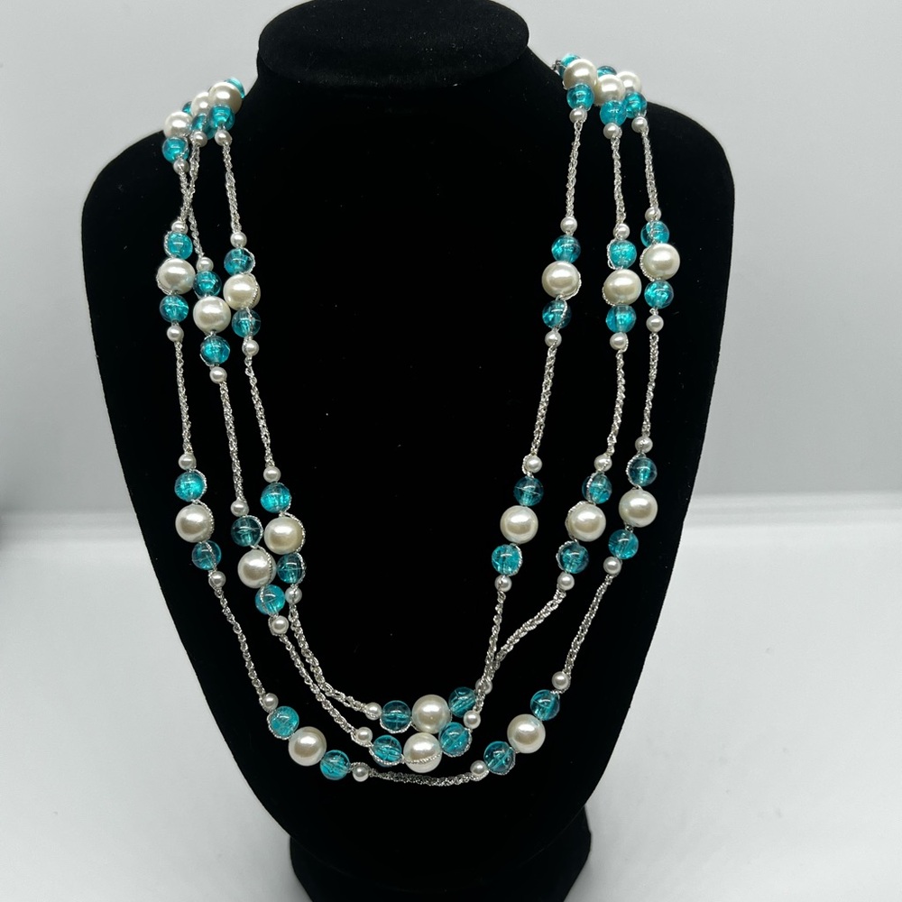 Vintage Extra long Pearl and blue Bead Necklace silver 74”